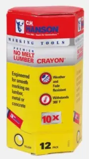 12 C.H. Hanson No Melt YELLOW Lumber Crayon 4.5" Marking Tool Weather Resistant