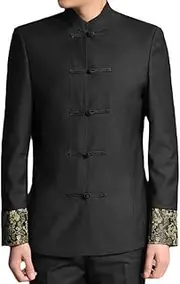 [Aoleaky] Men's Tunic Suit Jacket Embroidery Dragon Chinese Style Stand Collar Mandarin Coat Black Single Button