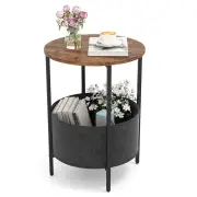 Costway2-Tier Sofa Side Round End Table with Fabric Storage Basket-Rustic Brown