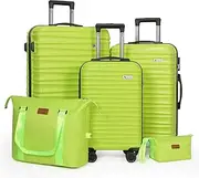 [Aklsvion] Luggage Set 3 Piece Luggage Set ABS hardshell Spinner Wheels Luggage Carry on Suitcase with Weekender bag & Toiletry bag, 5pcs Lime, 5pcs