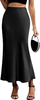 [ELLEVEN] Women's Maxi Satin High Waisted Skirts Elastic Waistband Party Wedding A-Line Long Silk Skirt