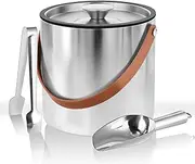 Bakpoco Stainless Steel Double-Wall Insulated Ice Bucket with Lid, Scoop, Tong, Strainer, Leather Handle Keep Ice Frozen Longer Large Wine Ice Buckets for Parties Cocktail Bar Chilling Champagne 2L