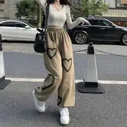 Long-Sleeve V-Neck Lettering Embroidered Crop T-Shirt / Elastic Waist Heart Print Harem Sweatpants Sweatpants - Khaki - One Size