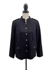 Talbots Womens Military Jacket Black 14 Cotton Blend Epaulets Mandarin Collar