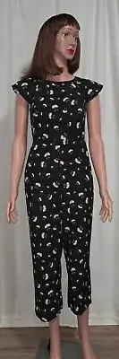Loft Jumpsuit, Blk w/White Flowers, Size 4P, Pockets, Zip and Tie Back