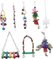 Mipcase Hanging Parrot Toy Set 8pcs Wood Chewing Toy Bell Mirror Bird Swing for Pet Birds Cage Garden