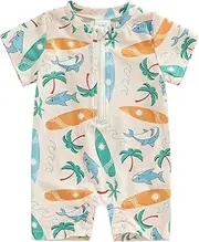 [CHAUKAREAUL] Toddler Baby Boys Coconut Tree Swimsuit Shark Zipper Short Sleeve Rashguard Infant Swimwear Bathing Suit