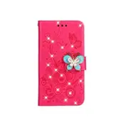For Iphone 11 Pro Max Diamond Encrusted Butterflies Love Flowers Pattern Horizontal Flip Leather Case With Holder and Card Slots and Wallet and Lanyard(Butterfly Plum Red)