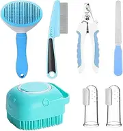 Dog Grooming Kit,Dog Bath Brush with Nail Clipper and File - 2 Finger Toothbrushes, Pet Flea Comb for Short and Long Hair