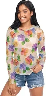 [AIXIWAWA] Watercolor Flowers Women's Long Sleeve Mesh Sheer Top, Sexy See-Through Blouse for Party, Evening Wear S
