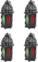 4 Pcs Moroccan Glass Candle Holder Metal Lantern Creative Aromatherapy Candle Cup Iron Art Decorative Piece Colorful Glass Windproof Design Ideal for Home Decor and Wedding Decorations(Black)