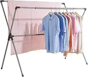 BAOYOUNI Double Poles Folding Clothes Drying Rack Stainless Steel Expandable Rods Space Saving Retractable Heavy Duty Garment Hanger Rail 37'' to 66'', Grey