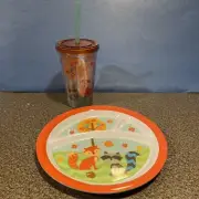 Melamine Child Kids 3 Section Plate Fox Raccoon Woodland With Straw Cup