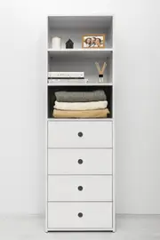 GENEVA 3 SHELF 4 DRAWER BUILT IN WARDROBE - WHITE - VJ PANEL - ROUND BLACK