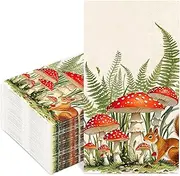 100Pcs Mushroom Guest Napkins Disposable Mushroom Squirrel Green Plants Paper Napkins Decorative Dinner Hand Napkins for Party Supplies Table Decor