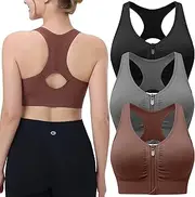 [Evercute] Women's Zip Front Sports Bras Wireless Padded Racerback Medium Support Post-Surgery Bra Yoga Exercise Athletic Bras