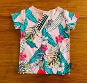 Bonds Baby Pink Floral Leaves T-shirt Tee Top Size 00 BNWT Hibiscus Yellow Green