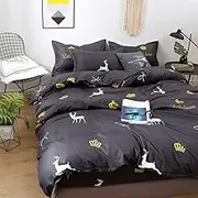 Cute Elk Print Bedding Set Queen,Gold Cartoons Crown Pattern Duvet Cover Fashion Reversible Quilt Cover Dark Gray King Size Quilt Cover Set for Kids Adult Grils,Single(140x210cm)