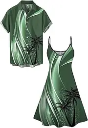 [DRESSFO] Couple Matching Hawaiian Outfits Coconut Tree Print Vacation Cami Dress or Men's Short Sleeve Button Up Shirt, Women Deep Green_1, Medium
