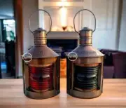 Vintage Nautical Ship Metal Oil Lamp Port Lantern & Star Bord Lantern Set Of 2