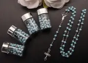 12 PC Blue and Silver Rosary Glass Bottle Baptism Favors Recuerdo Bautizo