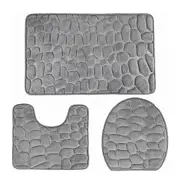 3Pcs Bathroom Cobblestone Embossed Toilet Bath Mat Non Slip Floor Rug Toilet Lid Cover Mat for Hotel Gray