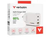 Verbatim 3 Port 65 Watt Portable GaN charger, 2 x USB-C PD 65w, 1x USB-A QC 3.0, GNC-65A Compact Design Apple, Android, Samsung, Google, Huawei, Oppo, 67016