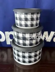 Tupperware Buffalo Plaid Stacking One Touch Topper Canister Set of 3 White New