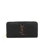 YSL 山形紋荔枝皮金字LOGOㄇ型拉鏈長夾(黑色) 358094 BOW01 1000