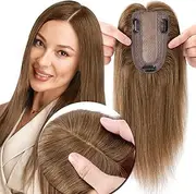 MY-LADY Human Hair Toppers for Women Real Remy Hair 150% Density 7 * 13CM Silk Base No Bangs Clip in Hair Pieces Straight Hairpiece for Thinning Hair 10 Inch #06 Light Brown