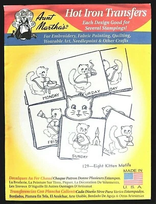 "Eight Kitten Motifs" Aunt Martha's #129 Embroidery Iron-On Reusable Transfers
