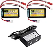 7.4V Lithium Battery 2S 50C 800mAh with JST and PH2.0 Plug and 2in1 Charger for SCX24 RC Vehicle Battery, Compatible with Most RC Cars, Trucks, and RC Drone in 1/10, 1/16, 1/18, and 1/24 Ratios