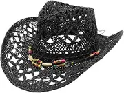 [Generic] Cowboy Hats for Women Classic Straw Cowgirl Beach Hat Music Festival Party Adult Sun Straw Western Cowboy Hats, C-black, One Size, C-black, One Size