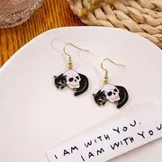 Halloween Cat Drop Earring (Various Designs) 1 Pair - E5864-2 - Black & White - One Size