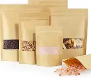 100 Pcs Kraft Paper Bags with Window, 4.7" x 7.9" Stand Up Pouches Bags, Zip Lock Food Storage Bags for Packaging Products, Reusable, Sealable