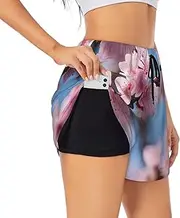 [GaxfjRu] Beautiful Cherry Blossoms Print Women's Running Shorts High Waisted Running Shorts Pocket Sporty Gym Elastic Short