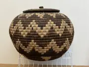 Vintage Kwa Zulu South African Handwoven Grass Woven Lidded Storage Basket Art