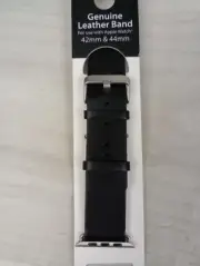 Genuine Leather Watch Band Black Silver Compatible 42mm & 44mm Smart Watch Strap