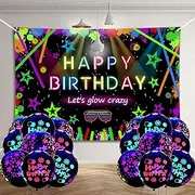 Simpeak 180 x 110cm Happy Birthday Banner With 18PCS Balloons Set, Fluorescent Black Party Decorations Background Photography Supplies for Boys Girls