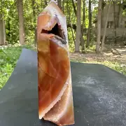 935g Natural red agate obelisk quartz crystal geode cluster tower point healing