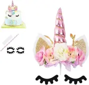 Nishine Rose Floral Unicorn Cake Topper Birthday Party Cake Decoration (Pink&...