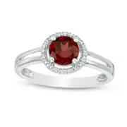 5.7mm Garnet and Natural Diamond Accent Frame Split Shank Ring in Sterling Silver