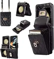 Crossbody Multi Lanyard Case for Samsung Galaxy Z Flip 6 5 4 3 Flip5 Flip6 5G Cards Slot Leather Wallet Metal Cover,Black,for Samsung Z Flip 5