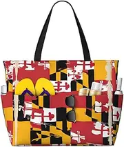 [Ghjkfbf] Maryland Flag Print Large Capacity Beach Travel Bag For Family, Beach Tote Bag For Women With Zipper Pockets, Black, One Size