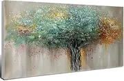 Hand Painted Tree Painting Teal Tree of Life Wall Art Large Abstract Tree Canvas Oil Painting Colorful Landscape Artwork Modern Nature Texture Painting for Living Room Bedroom Home Decoration 20x40"
