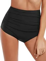 [Hilor] Women's High Waisted Bikini Bottom Shirred Hispter Tankini Briefs Swim Shorts