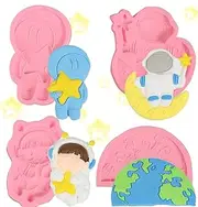 IKOJING 4pcs Astronaut Fondant Molds, Moon Surface Chocolate Silicone Mold for Space Theme Cake Decoration, Biscuits, Candy, Gum, Flower Paste Dough, DIY Resin Pendant, Plaster, Clay Handmade Projects