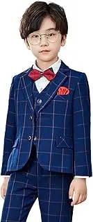 [LUOBOBEIBEI] Boys Suit 3 Piece Formal Blue Plaid Slim Fit Kids Tuxedo Set Toddler Blazer Vest Dress Pants Ring Bearer Outfit