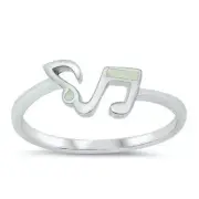 Music Notes Ring Sterling Silver 925 White Lab Opal Face Height 6 mm Size 6