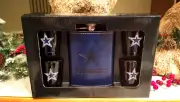 DALLAS COWBOYS FLASK AND SHOT GLASS SET NEW GREAT GIFT FAUX LEATHER WHISKEY LOOK